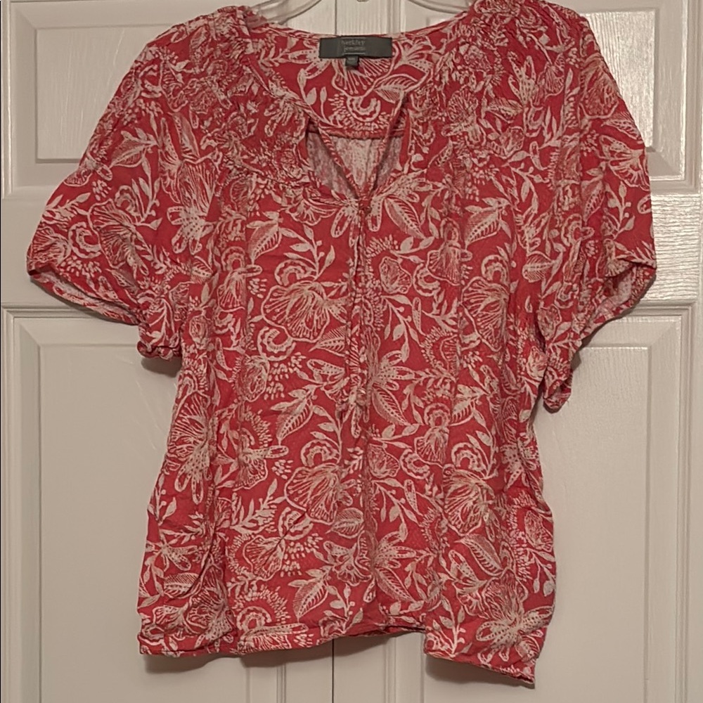 Red and White Puff Sleeve Smocked Blouse